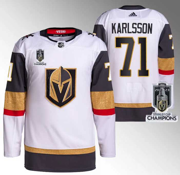 Men%27s Vegas Golden Knights #71 William Karlsson White 2023 Stanley Cup Champions Stitched Jersey